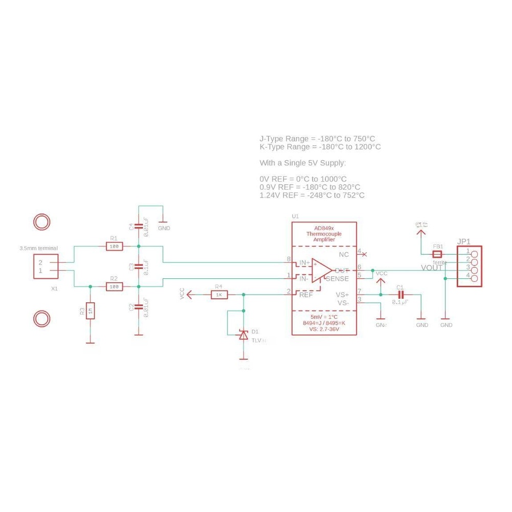 Thermocouple Module K Type - AD8495 K型熱電対信号処理モジュール。3～18Vの広範囲な温度範囲に対応し、産業用温度測定に適したPCB。