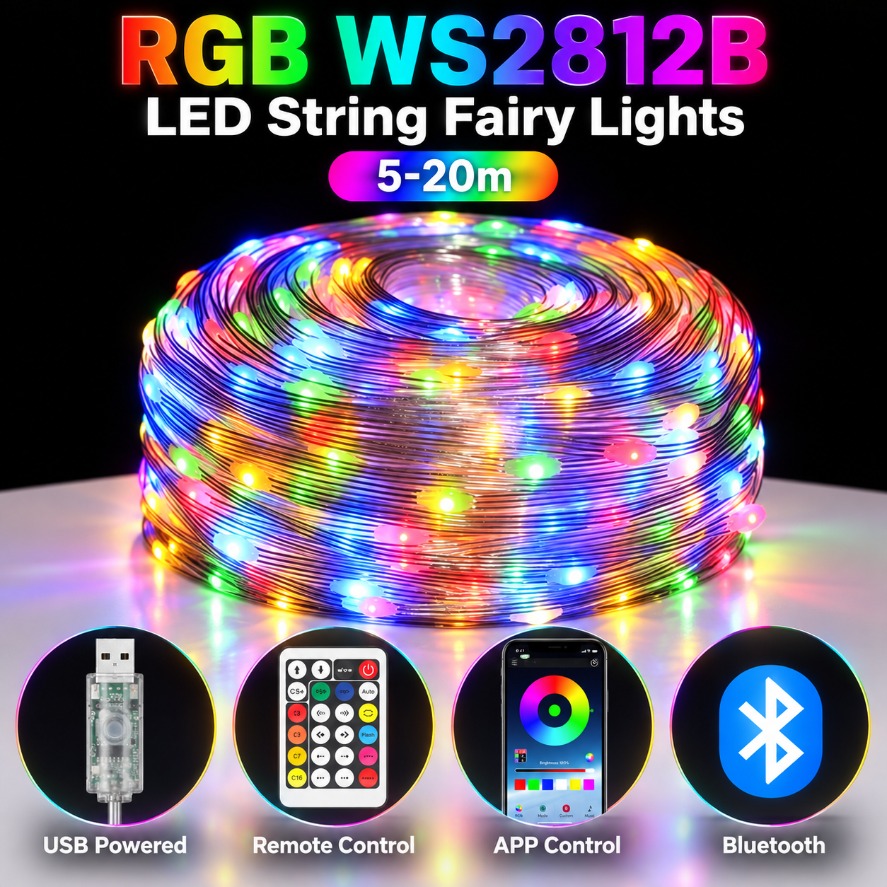 Ws2812B - 5～20mのWS2812B RGB LEDフェアリーライト。Bluetoothアプリで遠隔操作が可能。パーティーや家庭の装飾に最適なアドレス指定可能なLEDライト。