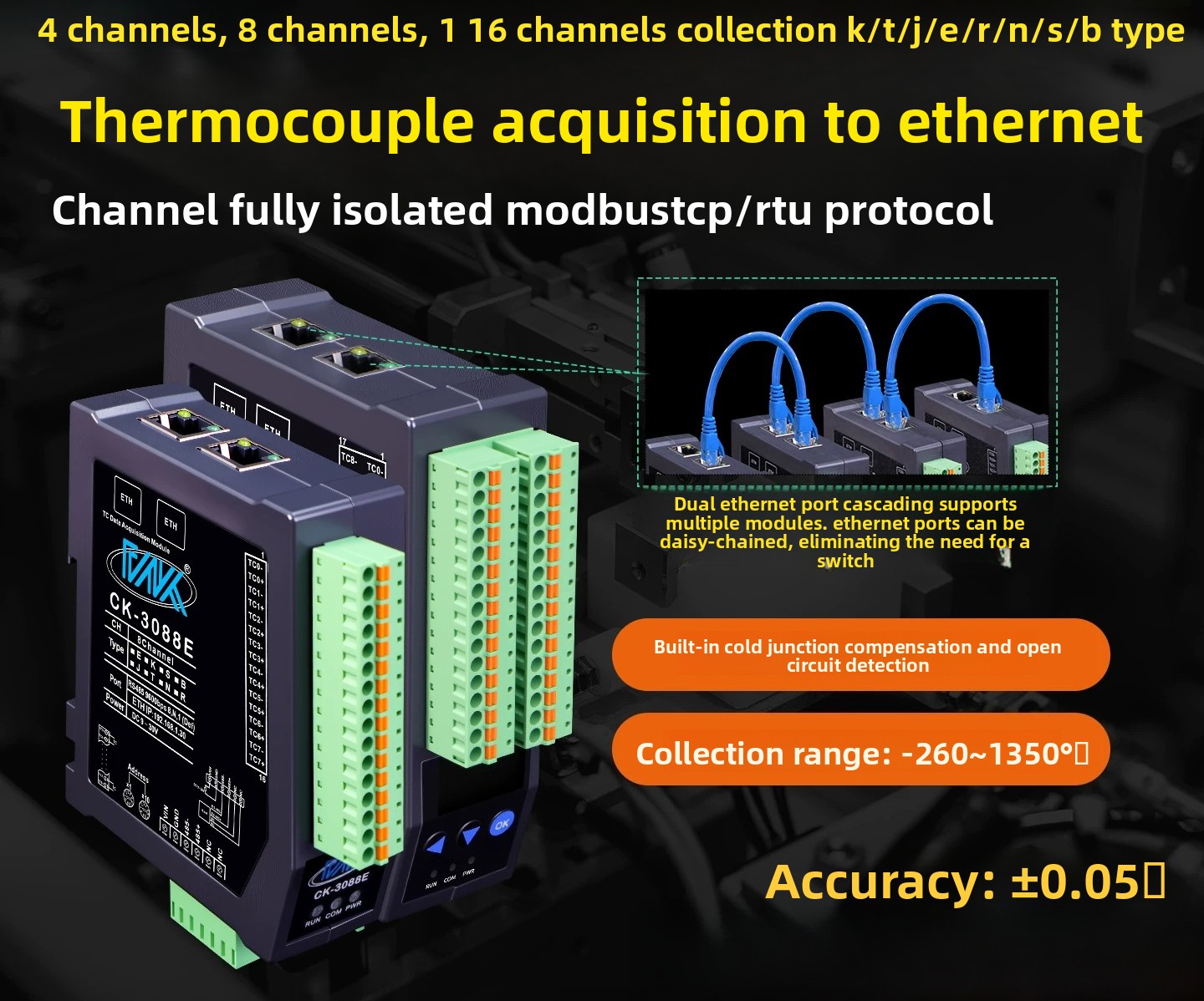 Thermocouple Module K Type - 8CH完全絶縁K型熱電対熱抵抗温度モジュールイーサネットModbusシリアルに適用